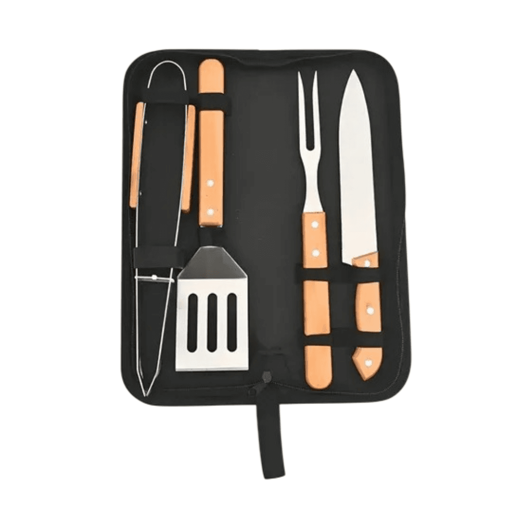 Kit Set Asado 4 Piezas + Estuche Pinza Cuchillo Tenedor Espatula