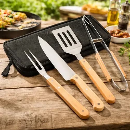 Kit Set Asado 4 Piezas + Estuche Pinza Cuchillo Tenedor Espatula