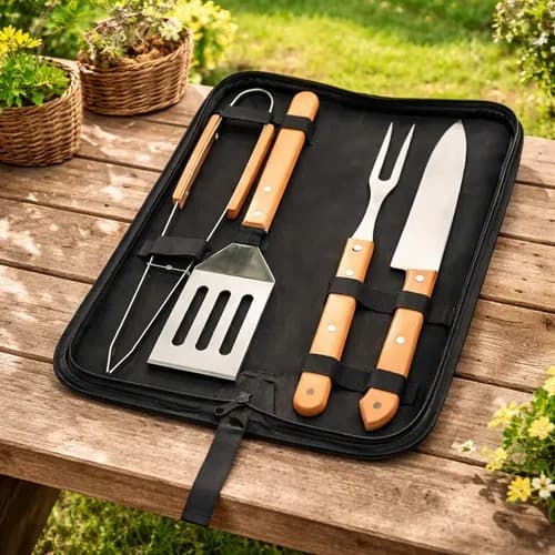 Kit Set Asado 4 Piezas + Estuche Pinza Cuchillo Tenedor Espatula