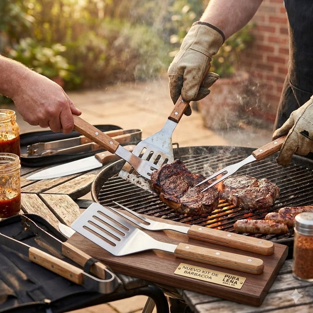 Kit Set Asado 4 Piezas + Estuche Pinza Cuchillo Tenedor Espatula
