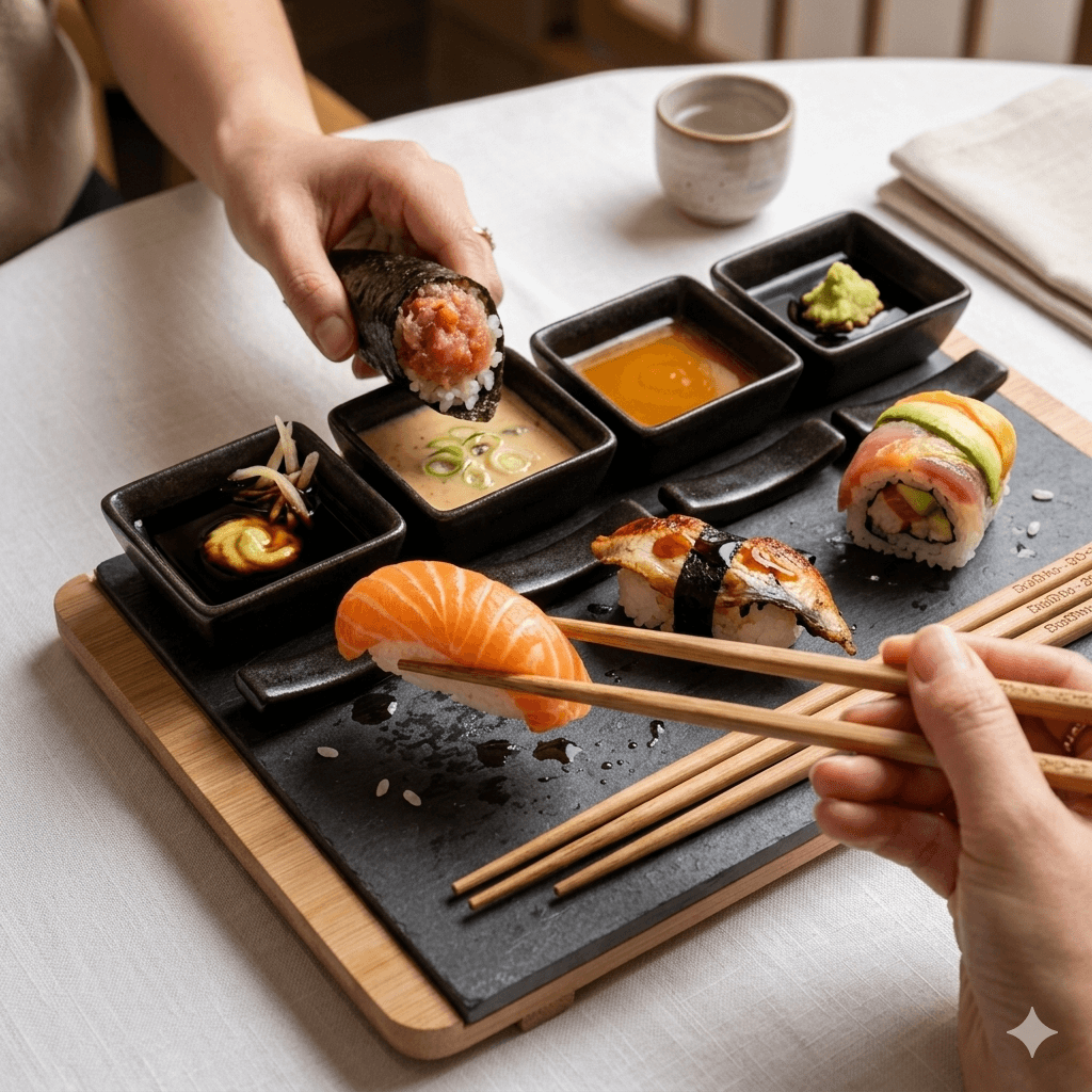 Set De Sushi Negro 4 Personas Bamboo y Ceramica