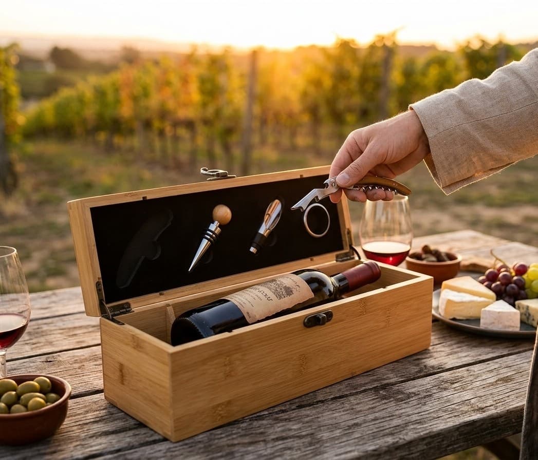 Cajon Set de Vino Bamboo para Botella 4 Piezas
