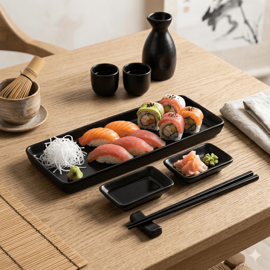 Set Sushi 2 Personas Porcelana Negra Mishka 9 Piezas Negro Liso